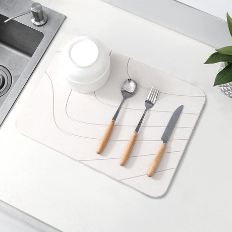Hard Diatomite Stone Kitchen Dish Counter Top Drying Mat - Off White Lines (40x30cm)
