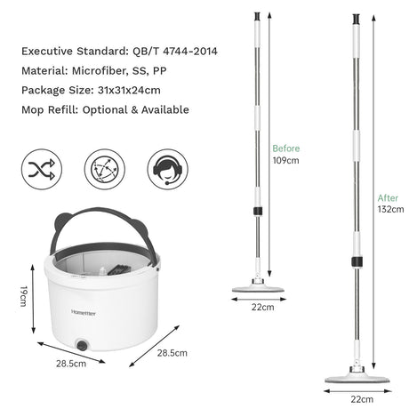 Premium Microfiber Round Mop Bucket Set w/ Clean & Dirty Water Separation 360 Degree - White