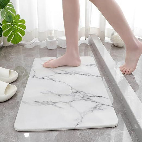 Hard Diatomite Large Bath Mat Quick Dry Anti Slip - Off White Marble Finish