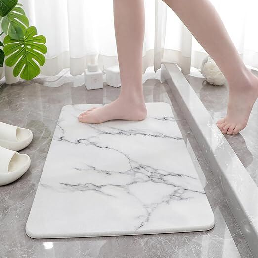 Hard Diatomite Stone Large Bath/Shower Mat - Quick Dry & Anti-Slip - Off White Marble Print (76x42cm)