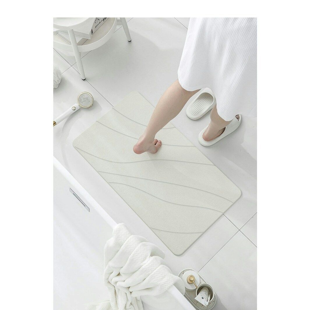 Hard Diatomite Large Bath Mat Quick Dry Anti-Slip - Off White & Wave Line Design