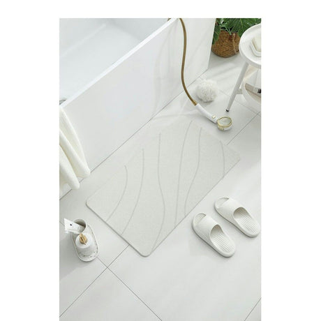 Hard Diatomite Large Bath Mat Quick Dry Anti Slip 76.2cm - Off White & Wave Line Design