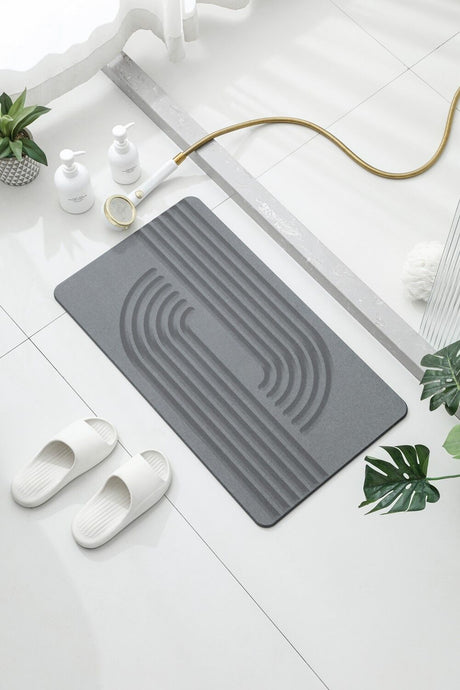 Hard Diatomite Large Bath Mat (Engraved Curves and Lines) - Dark Grey