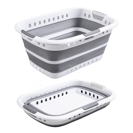 3 Handle 45L Large Foldable Laundry Basket Washing Hamper w/ Air-holes - Grey/White