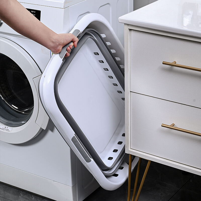 3 Handle 45L Large Foldable Laundry Basket Washing Hamper w/ Air-holes - Grey/White