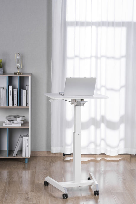 Height Adjustable Mobile Workstation w/ Paddle Lever & Tiltable Desktop - White