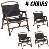 4x Bamboo Canvas Folding Camping Chairs - Black (Outdoor Wooden Travel Furniture)