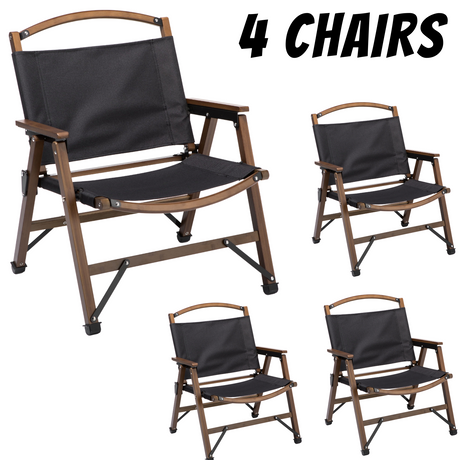 4x Bamboo Canvas Folding Camping Chairs - Black (Outdoor Wooden Travel Furniture)
