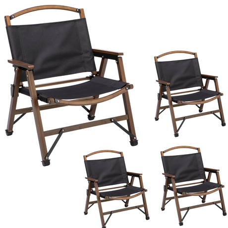 4x Bamboo Canvas Folding Camping Chairs - Black (Outdoor Wooden Travel Furniture)
