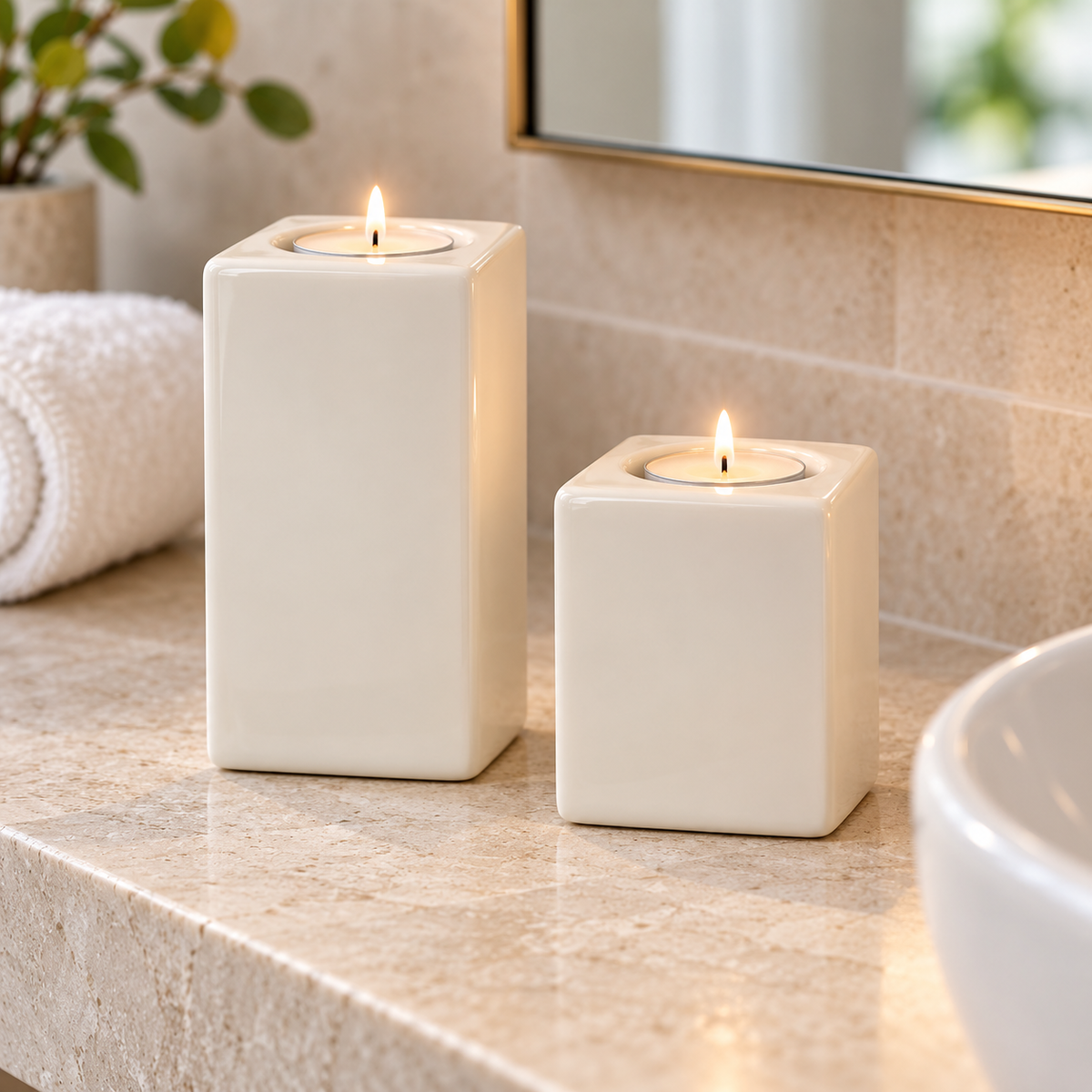BR Home Set of 2 Tealight Candle Holder Columns (8cm & 12cm Heights) - Ceramic