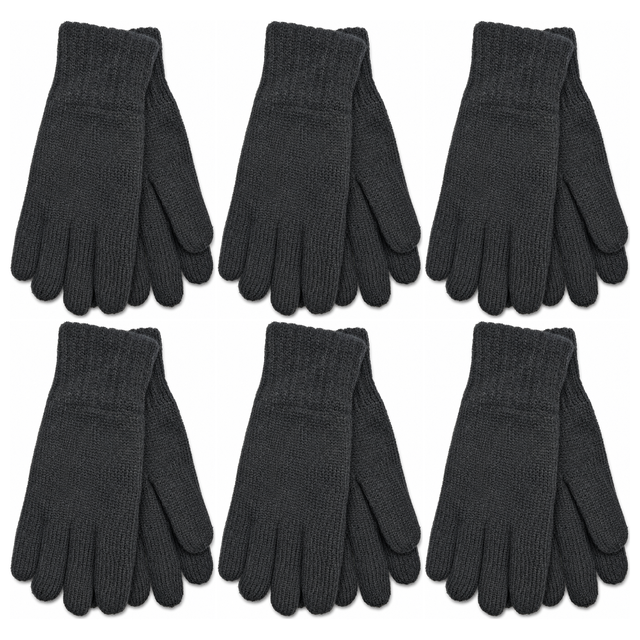 6x 3M Thinsulate Womens Full Finger Knit Gloves Bulk Pack - Black (Polar Fleece Thermal Insulation)