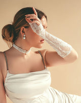 Dents Lace Fingerless Elbow Length Mitten Glove - White