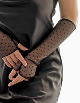 Dents Womens Long Tulle Flock Dot Fingerless Mittens - Black