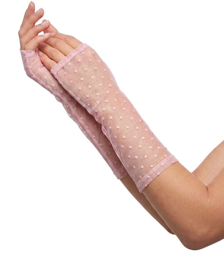 Dents Womens Long Below-Elbow Tulle Flock Dot Fingerless Mittens Gloves - Pink