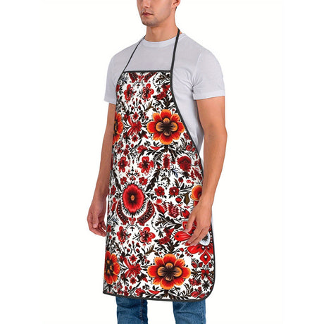 Ukrainian Traditional Print Apron - Unisex Vintage Floral Design in Bold Red & Orange