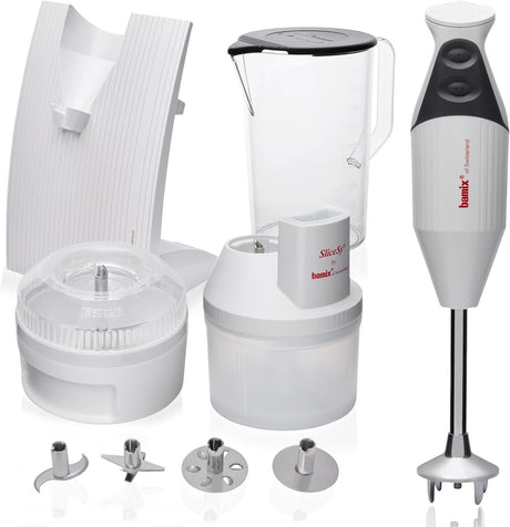 Bamix SwissLine Superbox Professional Immersion Blender 350W, includes 3x Blade Attachments, Wet/Dry Processor, SliceSy Attachments and Bench Stand, L