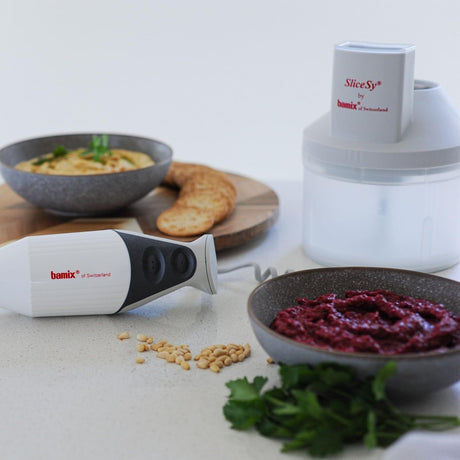 Bamix SwissLine Superbox Professional Immersion Blender 350W, includes 3x Blade Attachments, Wet/Dry Processor, SliceSy Attachments and Bench Stand, L