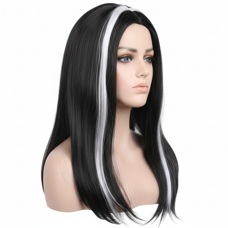 Womens Black/White Vampire Wig - Long Straight Halloween Costume