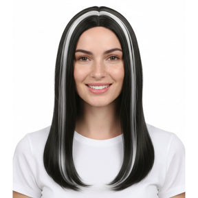 Womens Black/White Vampire Wig - Long Straight Halloween Costume