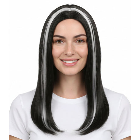 Womens Black/White Vampire Wig - Long Straight Halloween Costume