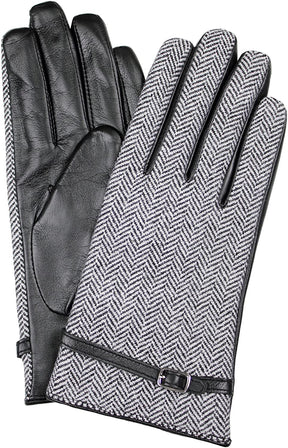 Dents Womens Leather & Wool Tweed Gloves with Strap Detailing - Black/Tweed