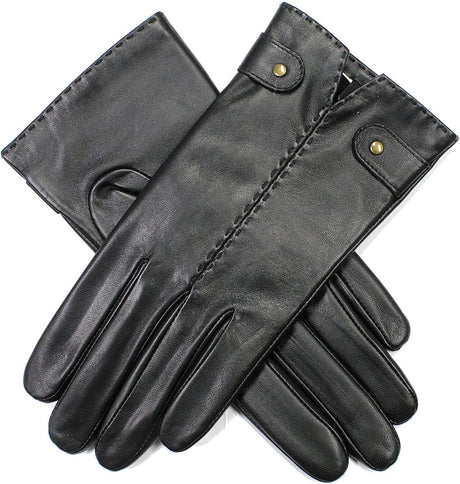 Dents Womens Audrey Leather Gloves w/ Fleece Lining Hand Stitched - Black