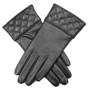 Dents Hazel Womens Leather Gloves with Quilted Cuffs - Black (Fleece Lining)