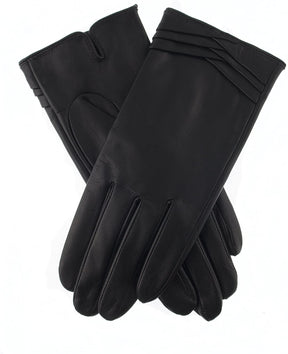 Dents Womens Leather Gloves with Pleat Detail & Fine Fleece Lining - Black - Large