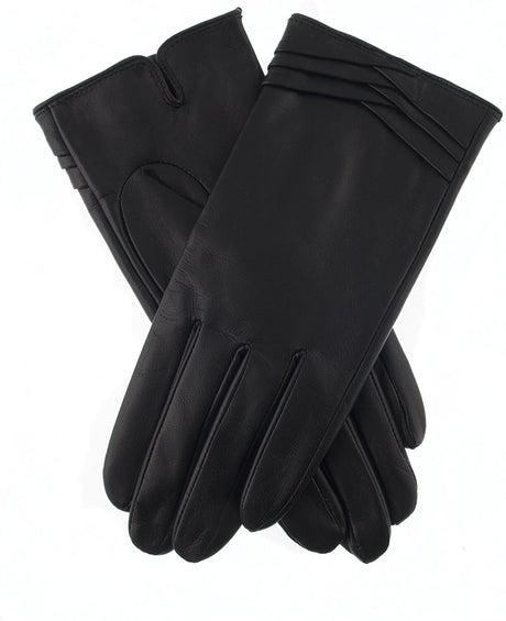 Dents Womens Leather Gloves with Pleat Detail & Fine Fleece Lining - Black - Large