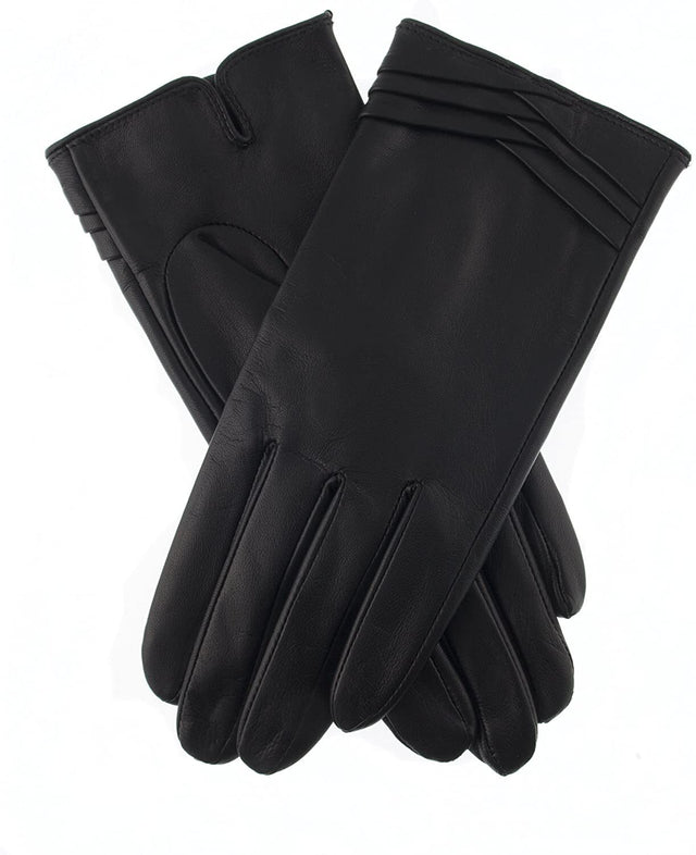 Dents Womens Leather Gloves with Pleat Detail & Fine Fleece Lining - Black - Large