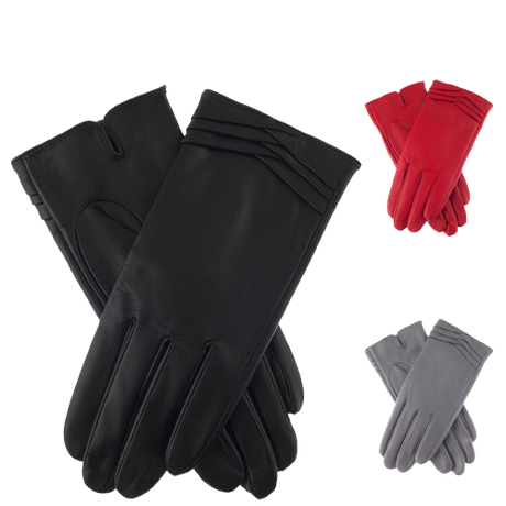 Dents Womens Leather Gloves With Pleat Detail And Fine Fleece Lining - Black