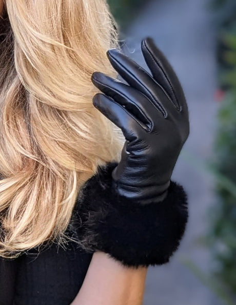Dents Maria Womens Sheepskin Leather Faux Fur Cuff Gloves - Black