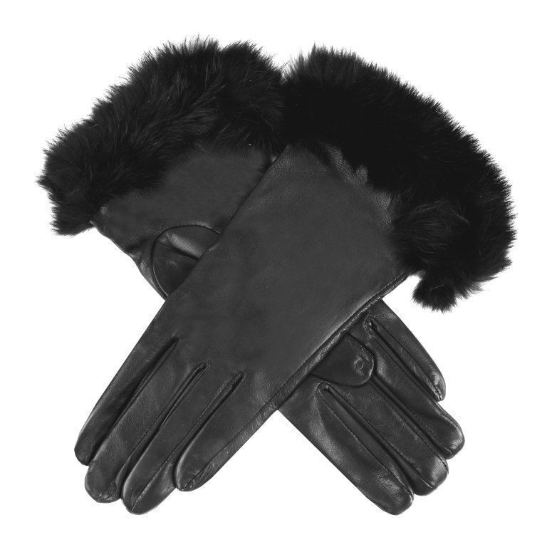 Dents Maria Womens Sheepskin Leather Faux Fur Cuff Gloves - Black