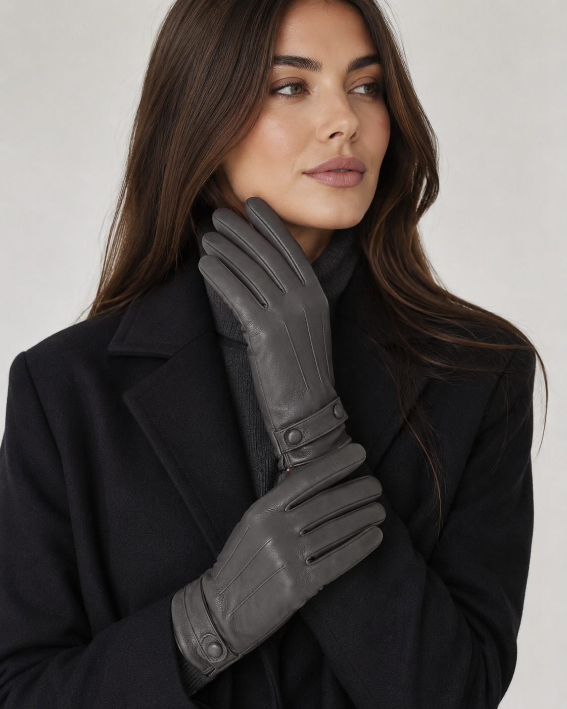 Dents Womens Leather Gloves with Stud Button & 3-Point Stitch - Charcoal