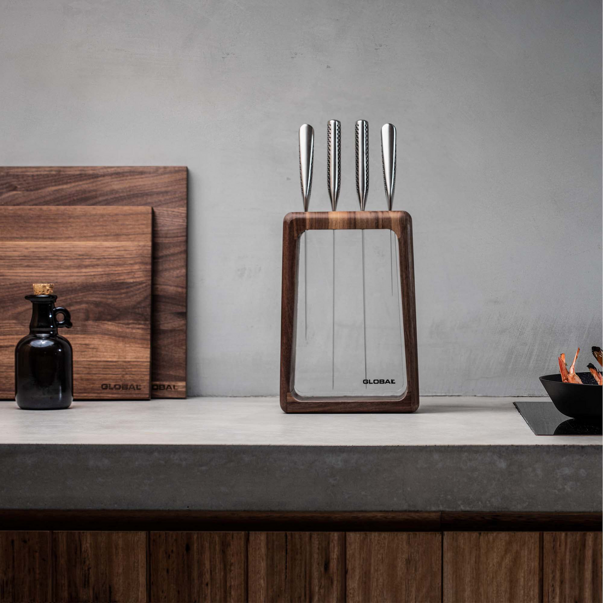 Global Hashira 5-Piece Japanese Knife Block Set Walnut Storage Block - Made in Japan