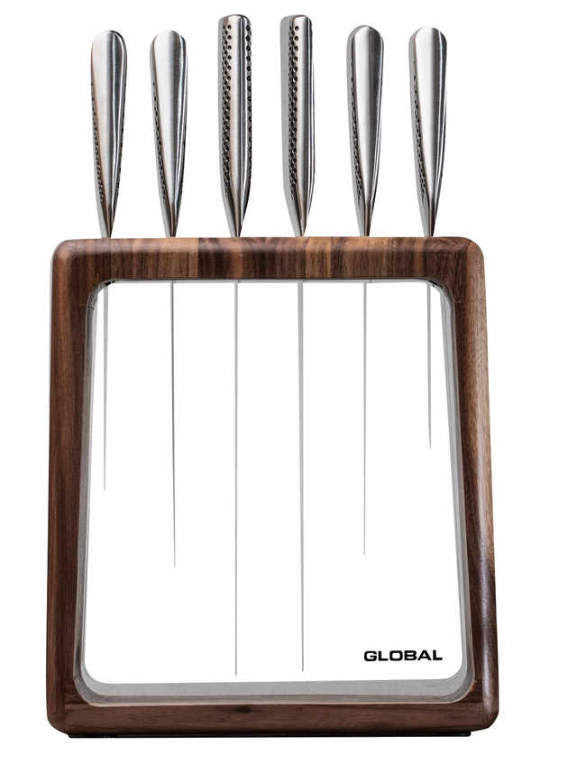 Global Hashira 7-Piece Japanese Knife Block Set Walnut Storage Block - Made in Japan