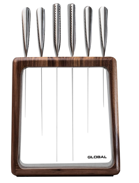 Global Hashira 7-Piece Japanese Knife Block Set Walnut Storage Block - Made in Japan