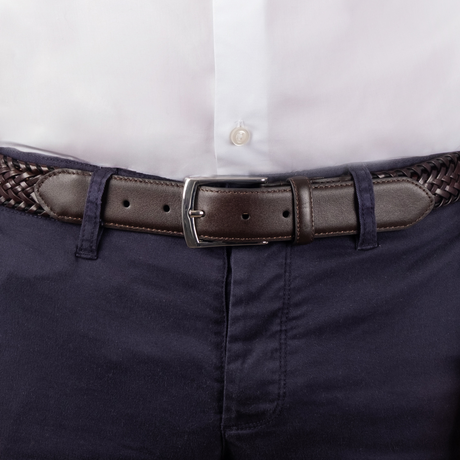 Dents Mens Woven Leather Belt with Satin Nickel Buckle in Brown