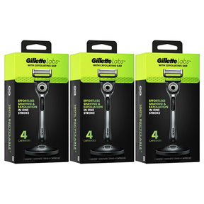 3x Gillette Labs Mens 5 Blade Exfoliating Bar Razor Pack - Handle + 4 Cartridges + Stand