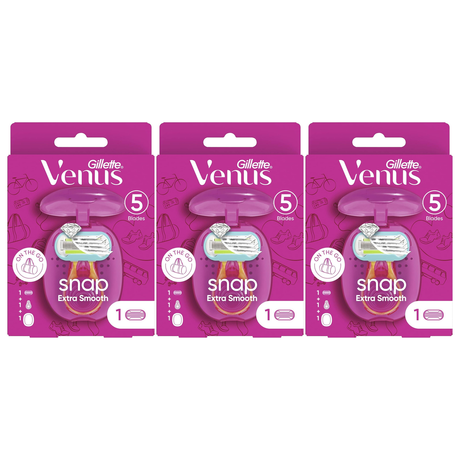 3x Gillette Venus Snap Womens 5 Blade Razor Pack - Extra Smooth (w/ Mini Handle & Travel Case)
