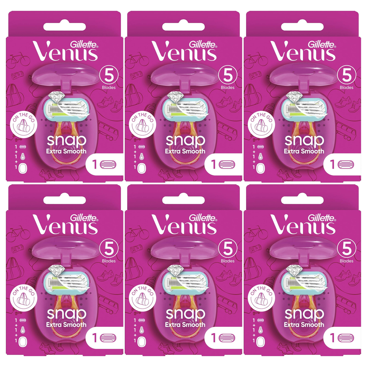 6x Gillette Venus Snap Womens 5 Blade Razor Bulk Pack - Extra Smooth (w/ Mini Handle & Travel Case)