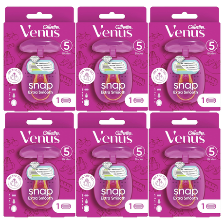 6x Gillette Venus Snap Womens 5 Blade Razor Bulk Pack - Extra Smooth (w/ Mini Handle & Travel Case)