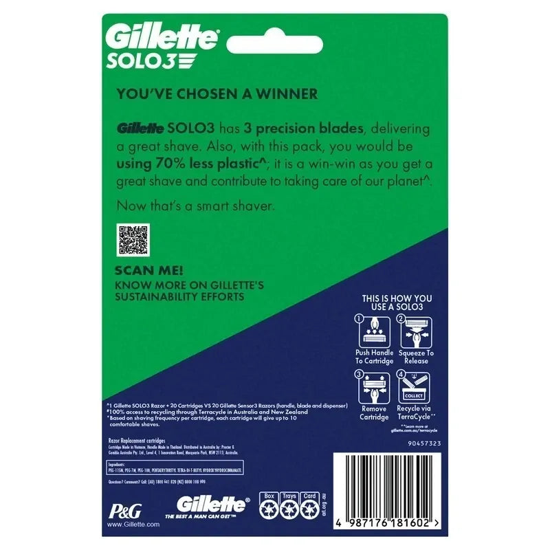 Gillette Solo 3 Disposable Razors Mens Shaving Blade 20pk