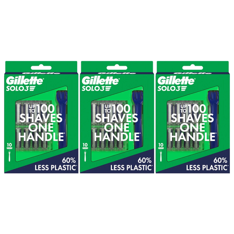 3x Gillette Mens Solo 3 Razor Blades & Shaver Pack (10 Cartridges & 1 Handle)