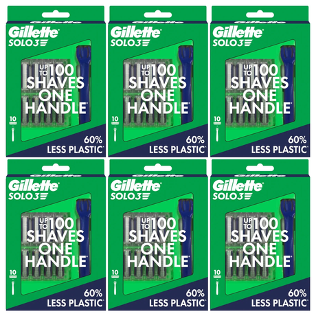 6x Gillette Mens Solo 3 Razor Blades & Shaver Bulk Pack (10 Cartridges & 1 Handle)