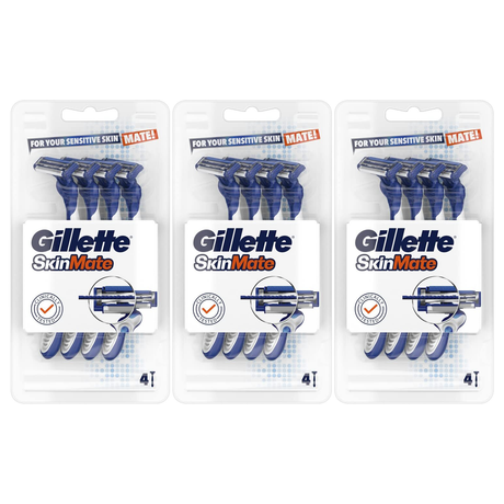 12x Gillette SkinMate Mens Sensitive Disposable Razors Pack - Blue (3 Packs of 4)