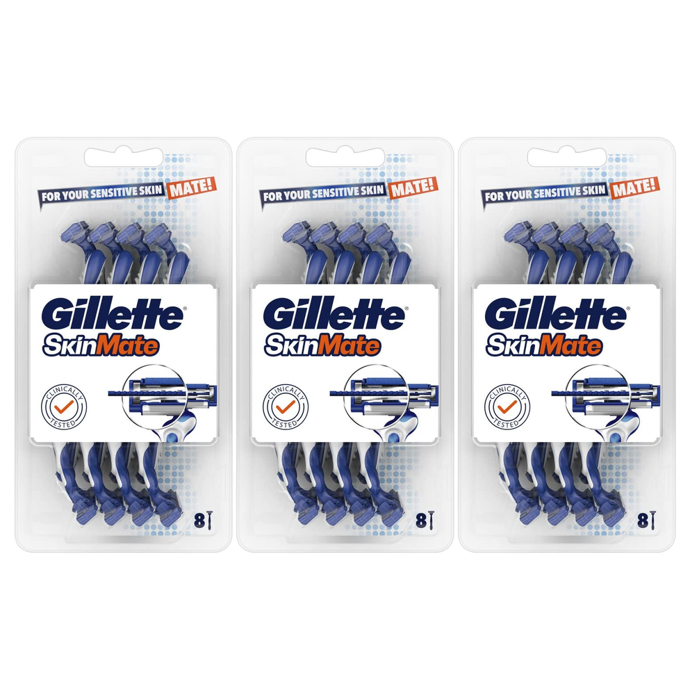 24x Gillette SkinMate Mens Sensitive Skin Disposable Razors Bulk Pack - Blue (3 Packs of 8)
