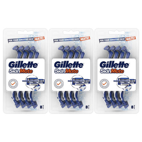 24x Gillette SkinMate Mens Sensitive Skin Disposable Razors Bulk Pack - Blue (3 Packs of 8)