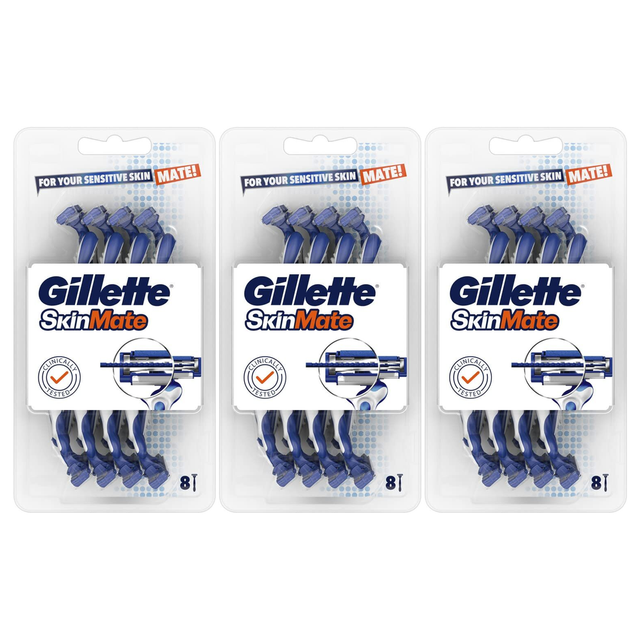 24x Gillette SkinMate Mens Sensitive Skin Disposable Razors Bulk Pack - Blue (3 Packs of 8)