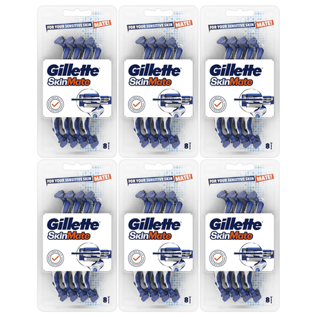 48x Gillette SkinMate Mens Sensitive Skin Disposable Razors Bulk Pack - Blue (6 Packs of 8)